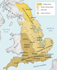 Carte de l'Angleterre en 878 montrant l'étendue du Danelaw.
