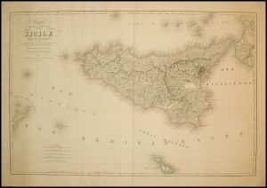 Carte Physique et Routiere de la Sicile par le cartographe M.V. Turgis, 1860.